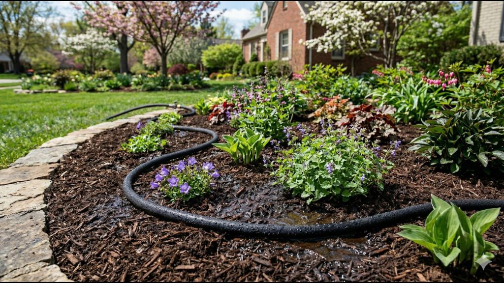 Black soaker hose running through a mulched flower bed.