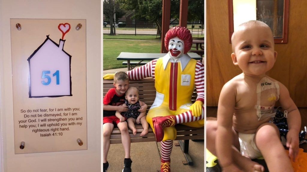 Three-photo collage from the Ronald McDonald House in Memphis. Left: A guest-room door number and a sign displaying the Bible verse Isaiah 41:10. Center: Lucas and Maddy sit on a bench beside a seated Ronald McDonald statue surrounded by picnic tables. Right: Maddy sits in her room in a diaper, smiling. The PICC line in her chest is visible.