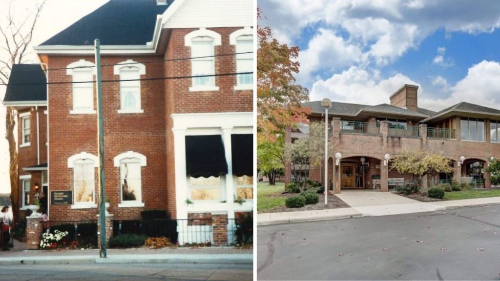 Side-by-side photo collage comparing two Ronald McDonald House Dayton locations. Left: the original 7-bedroom house at 741 Valley Street. Right: the 555 Valley Street building shown before construction of the new expanded facility.