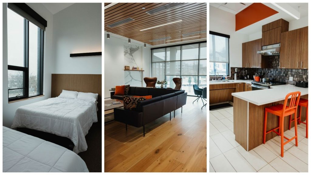 Three-photo collage of interior spaces at RMHC Dayton. Left: A guest bedroom with two full-size beds (larger room layouts can sleep up to six guests). Center: A family gathering area with couches and chairs. Right: The family kitchen, where guests can cook their own meals; pantries and cupboards are stocked with everyday cooking and baking staples and family favorites.