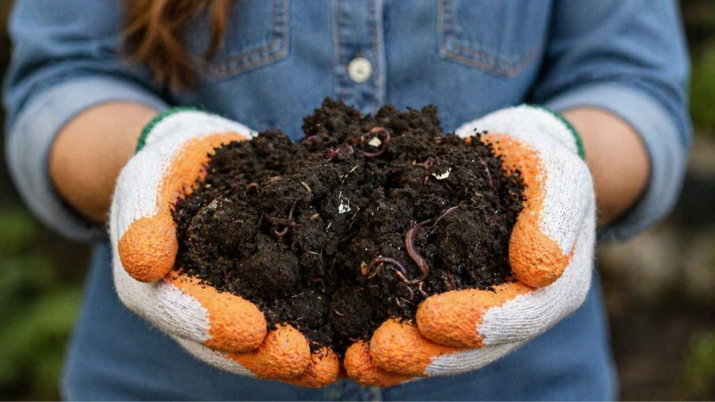 A woman with orange and grey gardening gloves is holding rich dirt containing compost and earth worms in both hands out in front of her.