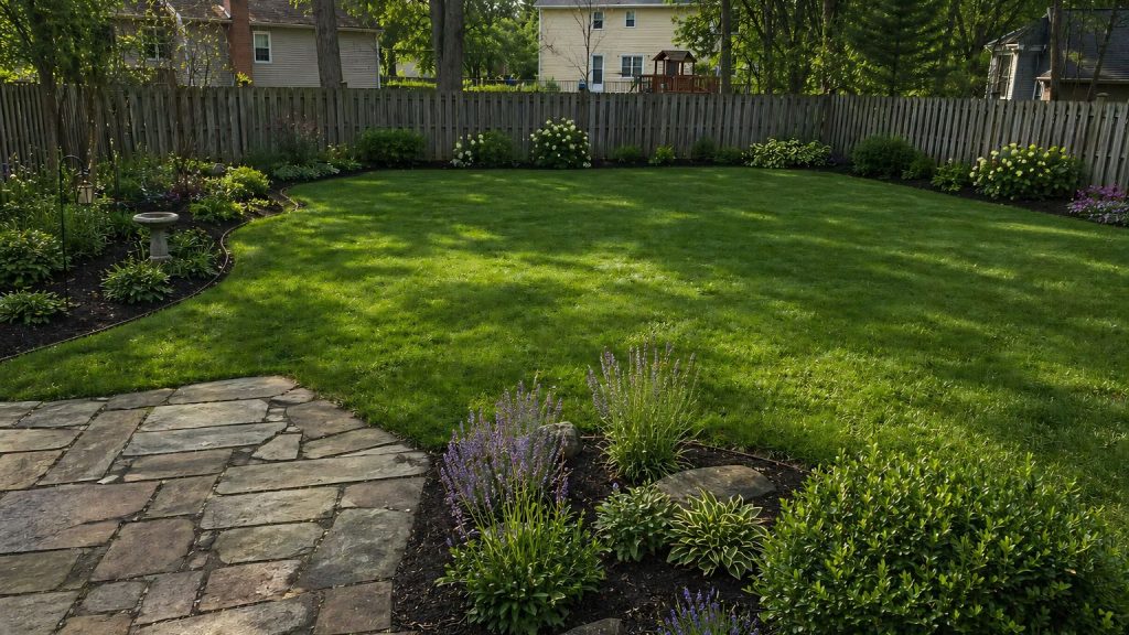 A finished landscape bed in late spring with fresh mulch, clean edges, and colorful annuals just going in. Shows the "after" result of a completed spring cleanup.