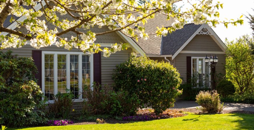 Tan house showing their front yard in spring with white flowers on the budding tree.