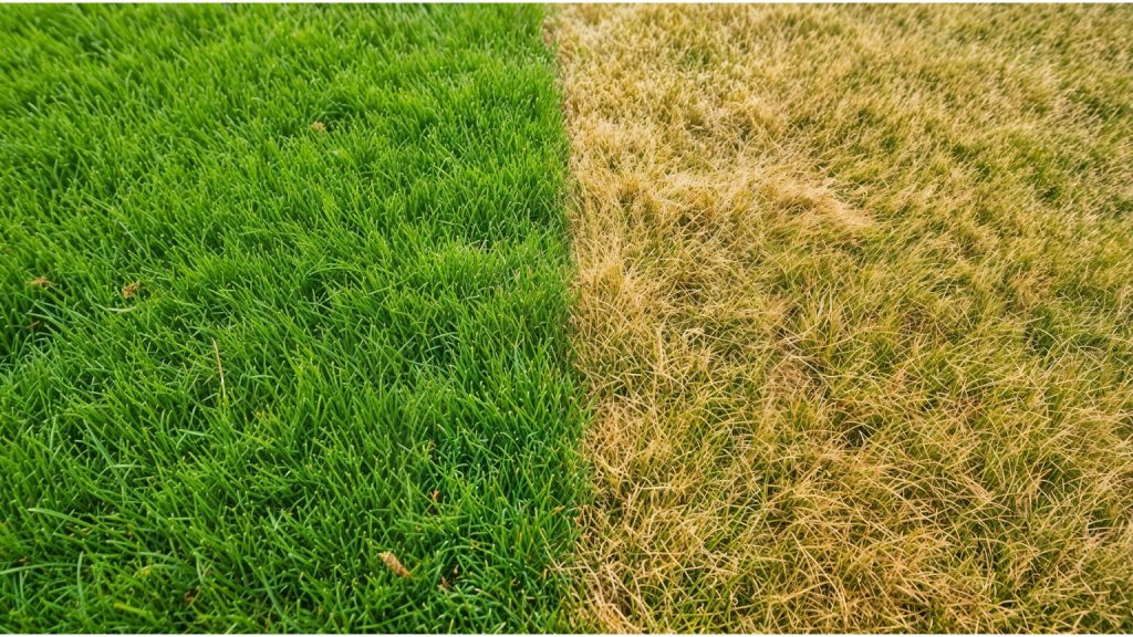 Close-up of a Southwest Ohio lawn showing healthy green turf alongside a stressed yellow-brown section, illustrating the effect of timing and soil conditions on fertilizer results.